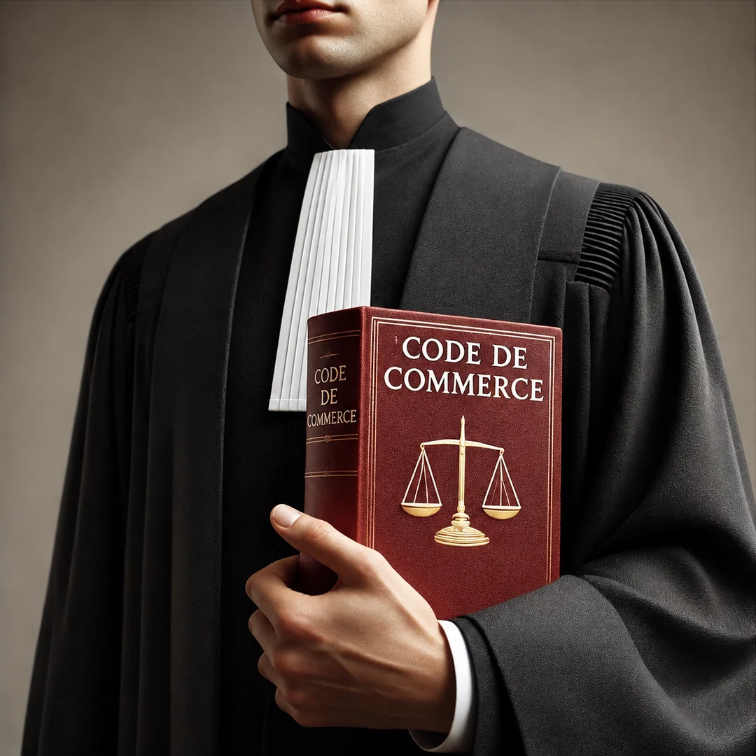 Avocat en robe tenant un code de commerce
